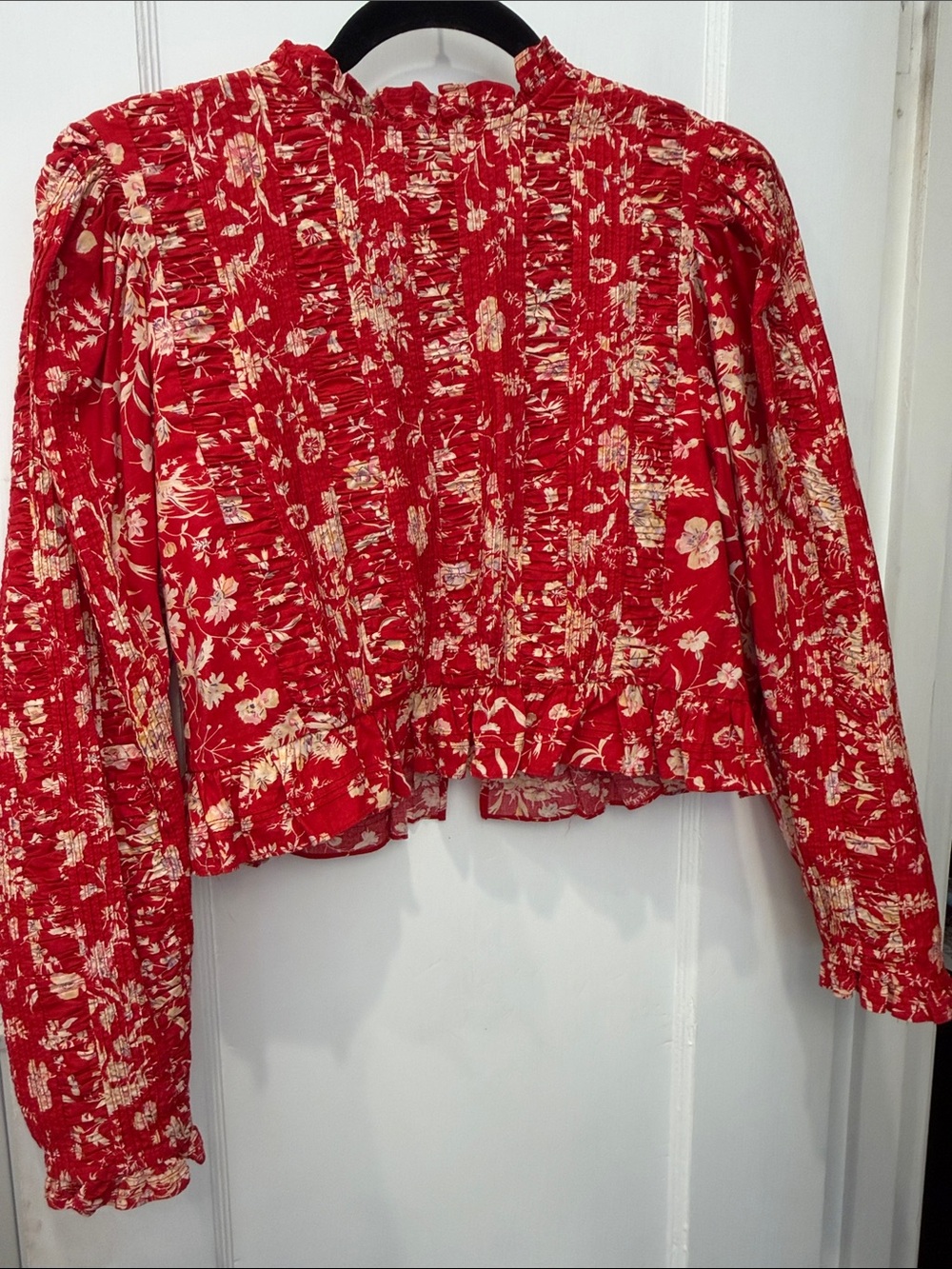 Doen Red Floral Smocked Peasant Blouse